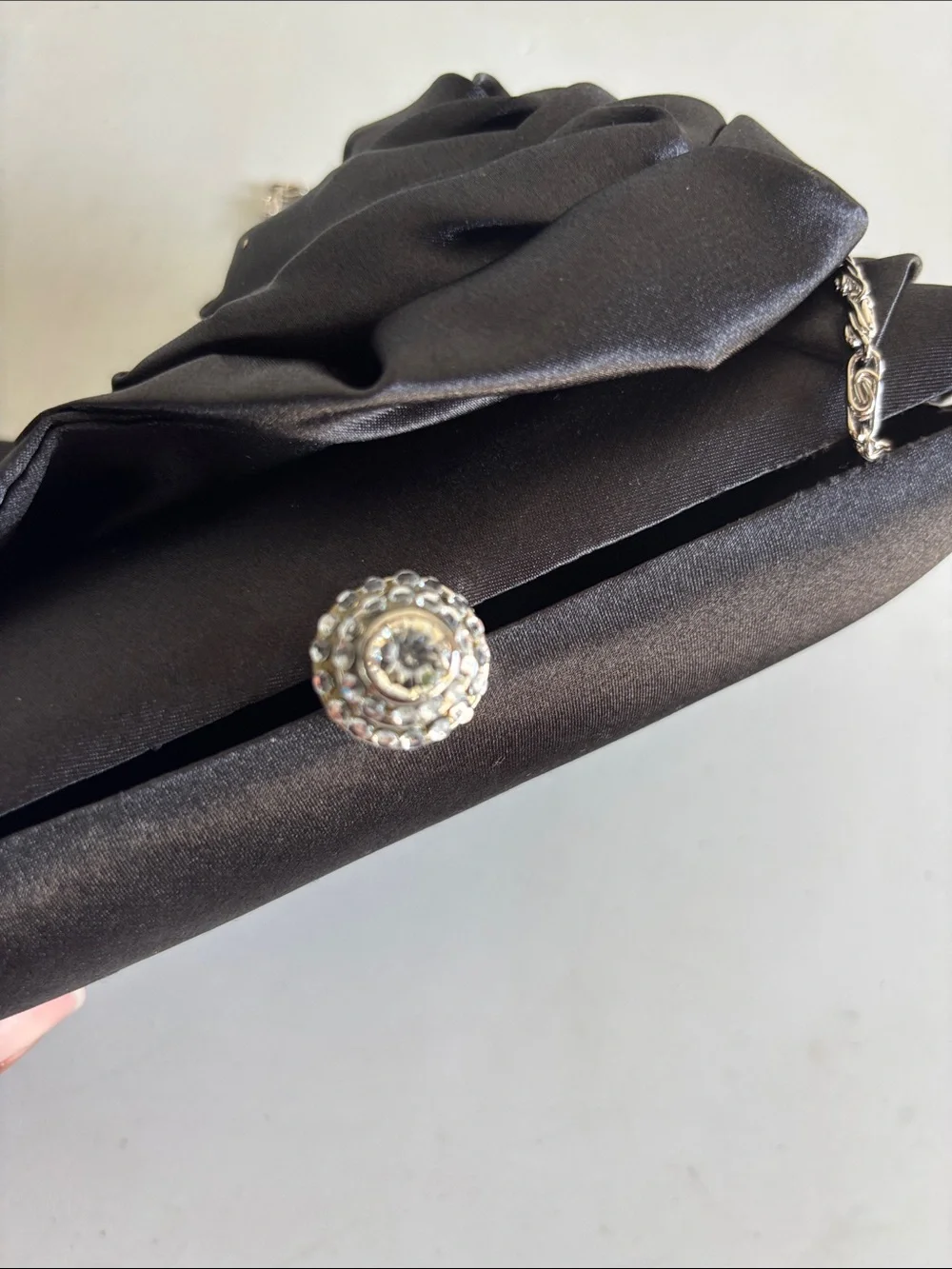 Black Satin Rose Appliqué Evening Clutch with Silver Chain